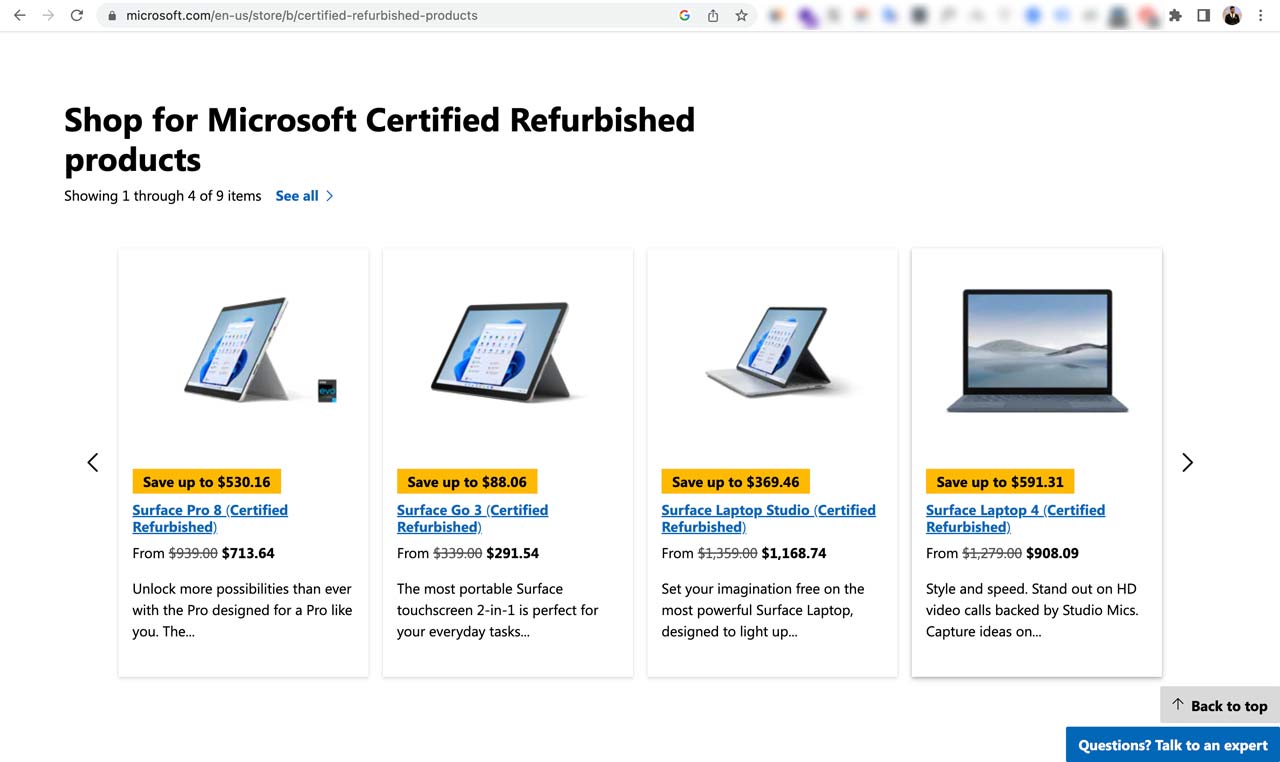 اسکرین شات از سایت مایکروسافت بخش لیست محصولات ریفربیشد